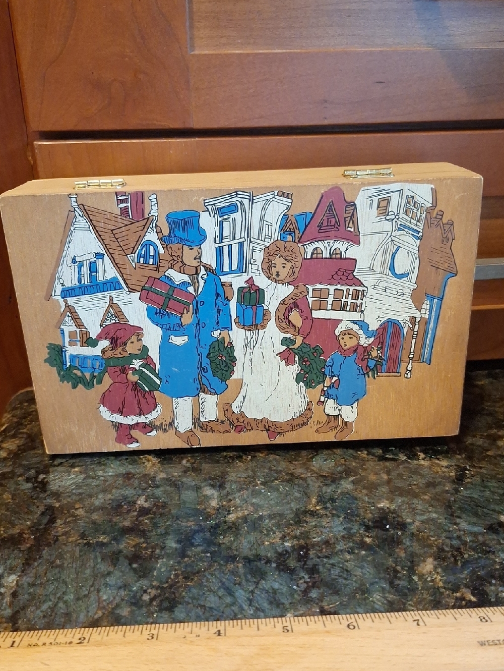 Vintage Holiday Family Wooden Box Old English Scene Handpainted